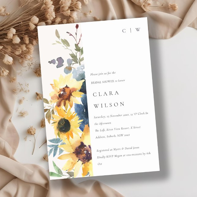 Rustic Yellow Navy Sunflower Floral Bridal Shower Invitation (Creator Uploaded)