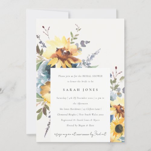 Rustic Yellow Navy Sunflower Floral Bridal Shower Invitation