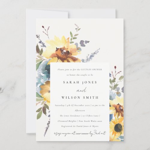Rustic Yellow Navy Sunflower Floral Couples Shower Invitation
