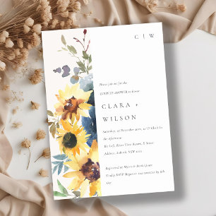 Rustic Yellow Navy Sunflower Floral Couples Shower Invitation