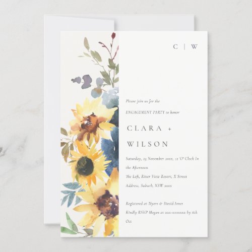 Rustic Yellow Navy Sunflower Floral Engagement Invitation