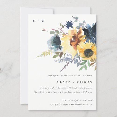 Rustic Yellow Navy Sunflower Floral Morning After Invitation