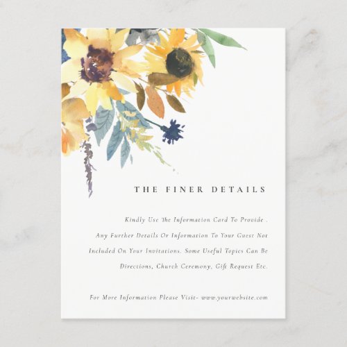 Rustic Yellow Navy Sunflower Floral Wedding Detail Enclosure Card