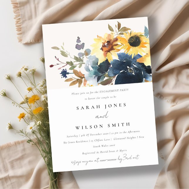Rustic Yellow Navy Sunflowers Floral Engagement Invitation (Creator Uploaded)