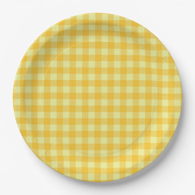 Rustic Yellow Orange Buffalo Checks BBQ Engagement Paper Plates (Front)