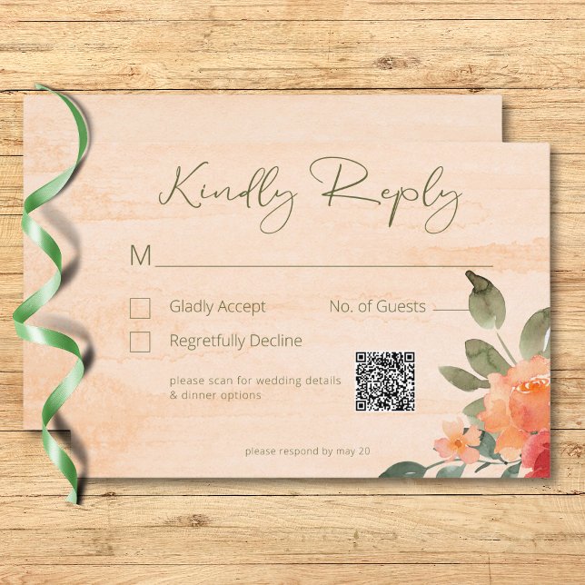 Rustic Yellow Orange & Peach Roses Wedding QR Code RSVP Card (Rustic Yellow Orange & Peach Roses Wedding QR Code RSVP Card)