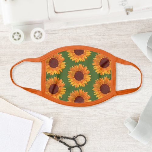 Rustic Yellow Orange Sunflowers Pattern on Green Face Mask