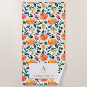 Rustic Yellow Orange Watercolor Flowers Monogram Beach Towel
