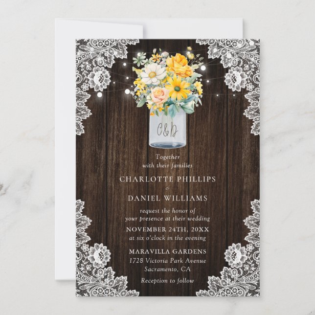 Rustic Yellow Peach Floral Mason Jar Wood Wedding Invitation (Front)