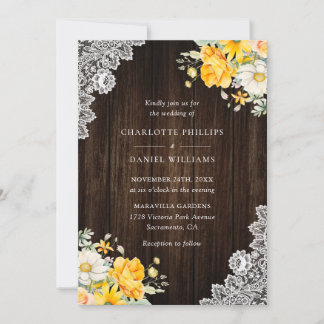 Rustic Yellow Peach White Floral Wedding Invitation