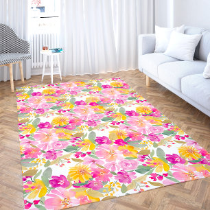 Rustic yellow pink purple floral watercolor outdoor rug