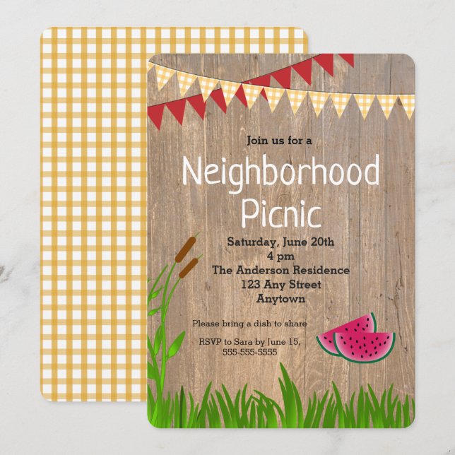 Rustic Yellow Plaid Neighborhood Picnic Invitation (Front/Back)
