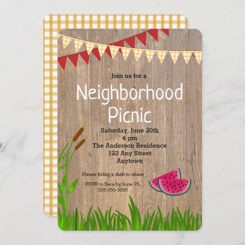 Rustic Yellow Plaid Neighborhood Picnic Invitation