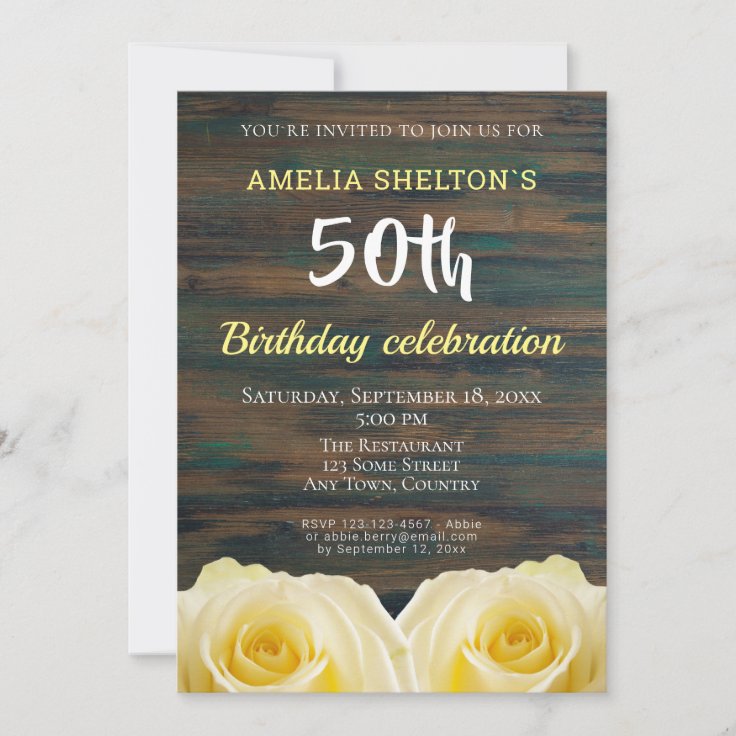 Rustic Yellow Rose 50th Birthday Floral Party Invitation | Zazzle