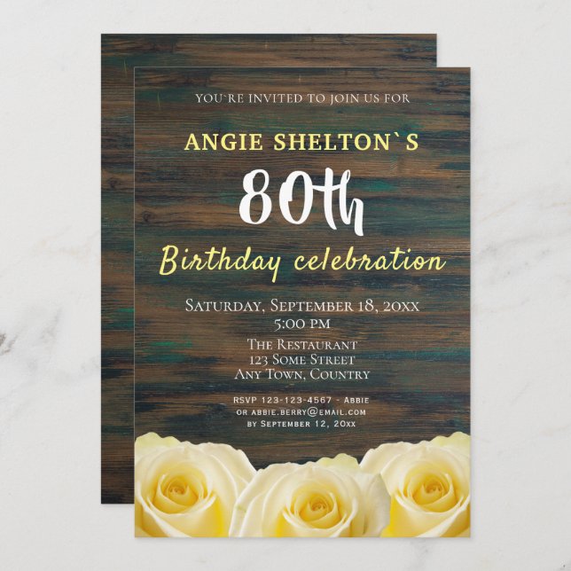 Rustic Yellow Rose 80th Birthday Floral Party Invitation (Front/Back)