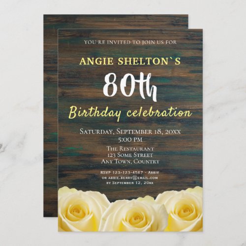 Rustic Yellow Rose 80th Birthday Floral Party Invitation