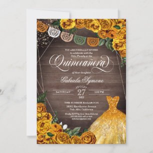 Rustic Yellow Rose Glitter Gown Fiesta Quinceañera Invitation