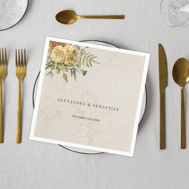 Rustic Yellow Roses Cream Damask Wedding Napkins (Creator Uploaded)