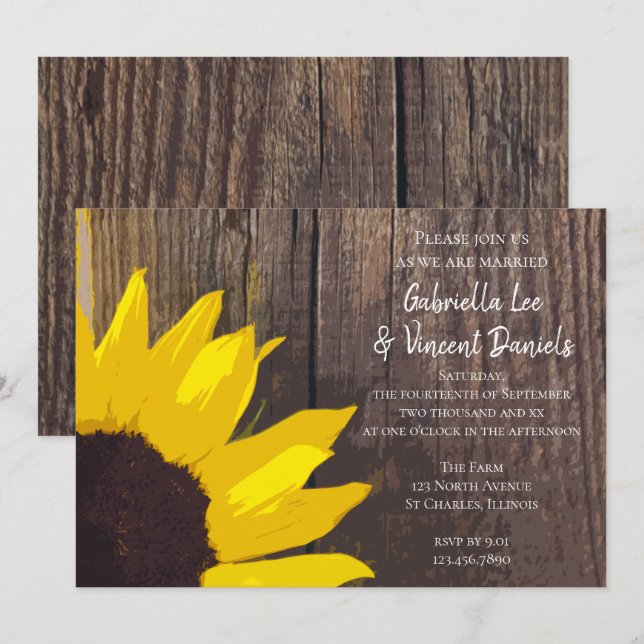 Rustic Yellow Sunflower and Barn Wood Wedding Invitation (Front/Back)
