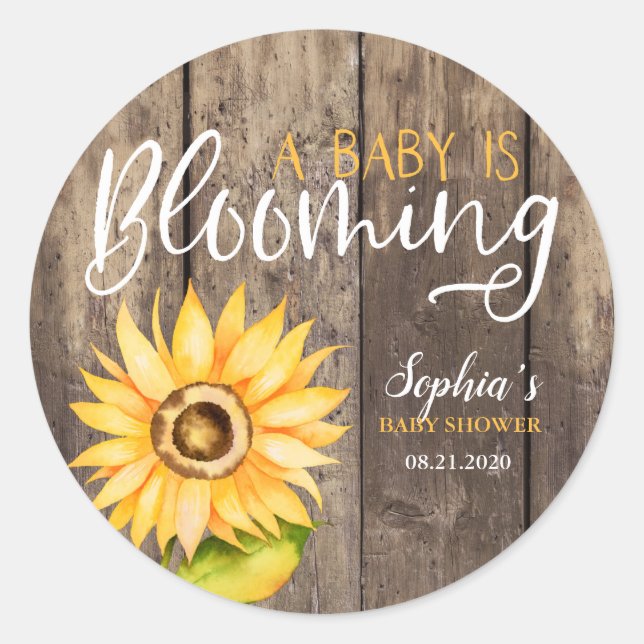 Rustic Yellow Sunflower Baby Shower Favor Classic Round Sticker (Front)