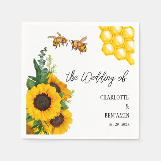 Rustic Yellow Sunflower & Bees Wedding  Napkins (Front)