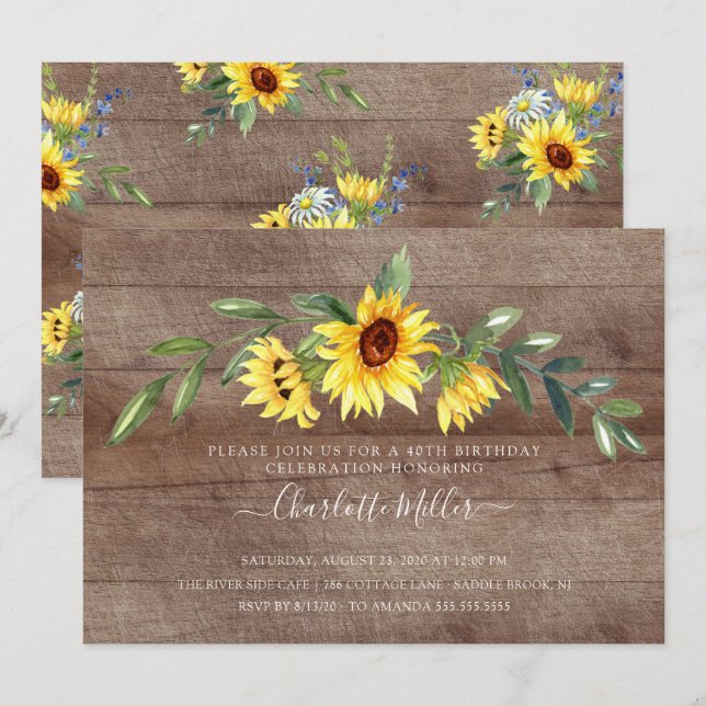 Rustic Yellow Sunflower Birthday Party Invitation (Front/Back)
