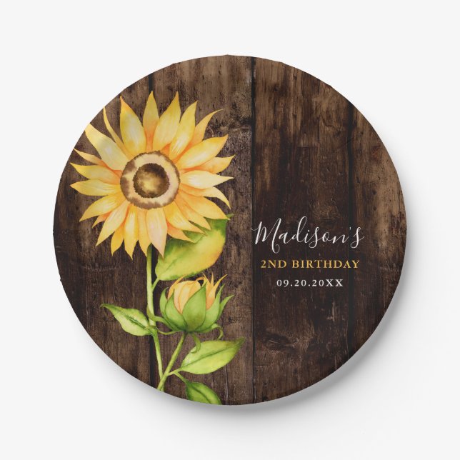 Rustic Yellow Sunflower Birthday Party Paper Plates (Front)