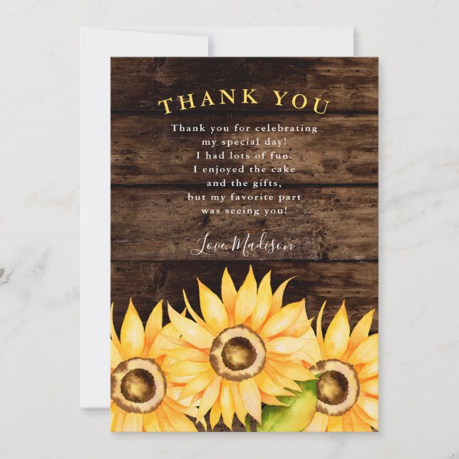 Rustic Yellow Sunflower Birthday Party Thank You Card (Front)