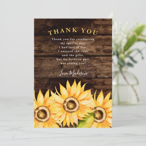 Rustic Yellow Sunflower Birthday Party Thank You Card | Zazzle