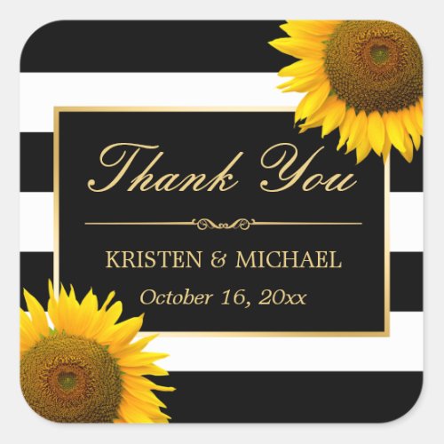 Rustic Yellow Sunflower Black White Thank You Square Sticker