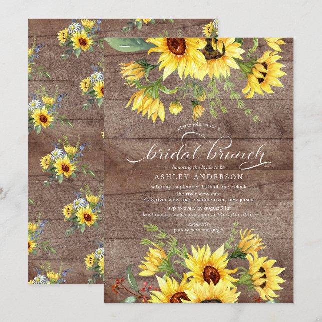 Rustic Yellow Sunflower Bridal Shower Brunch Invitation (Front/Back)