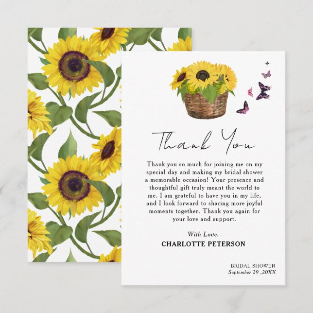  Rustic Yellow Sunflower Bridal Shower Thank You Card (Front/Back)