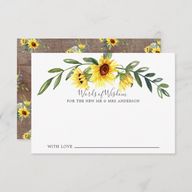 Rustic Yellow Sunflower Bride Words of Wisdom Invitation (Front/Back)