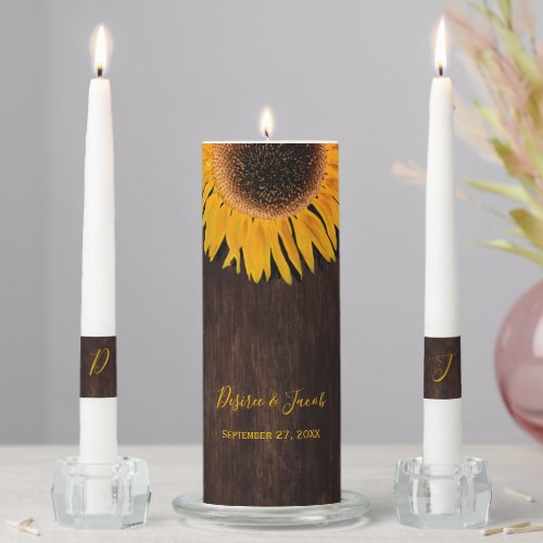 Rustic Yellow Sunflower Brown Wood Wedding Unity Candle Set