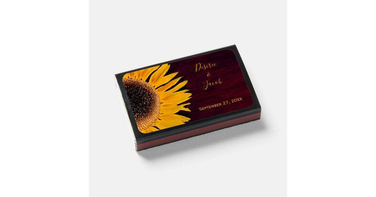 Rustic Yellow Sunflower Burgundy Wood Wedding Matchboxes Zazzle