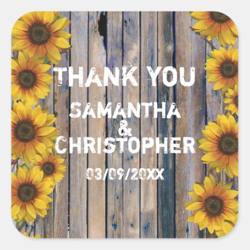 Rustic yellow sunflower country wedding thank you square sticker