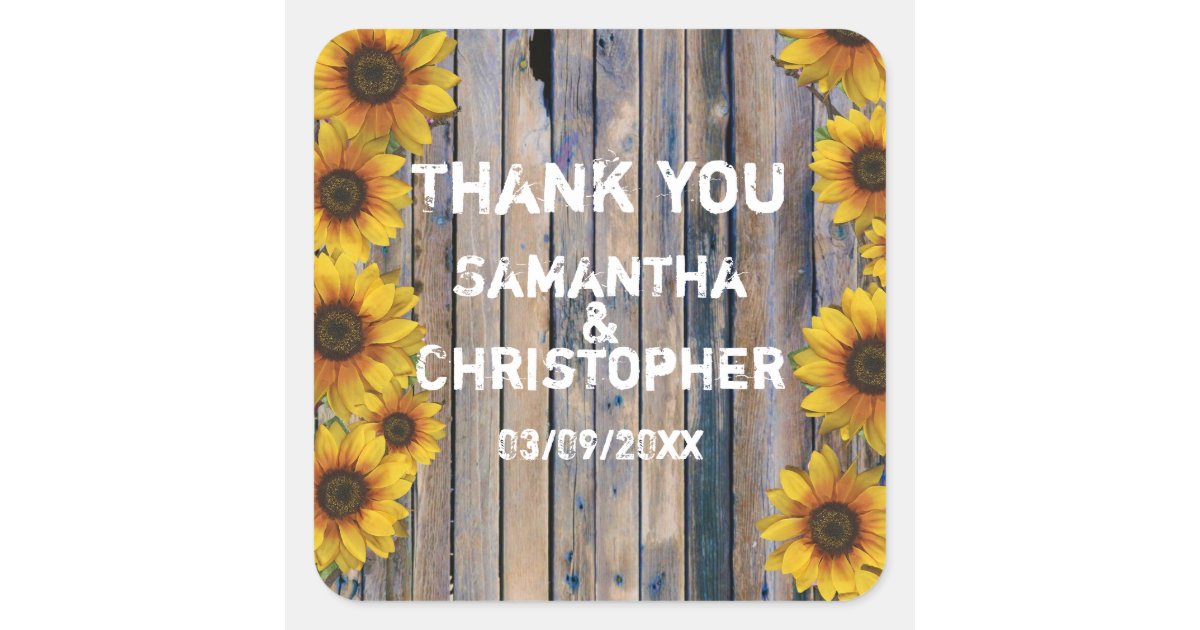 Rustic yellow sunflower country wedding thank you square sticker | Zazzle