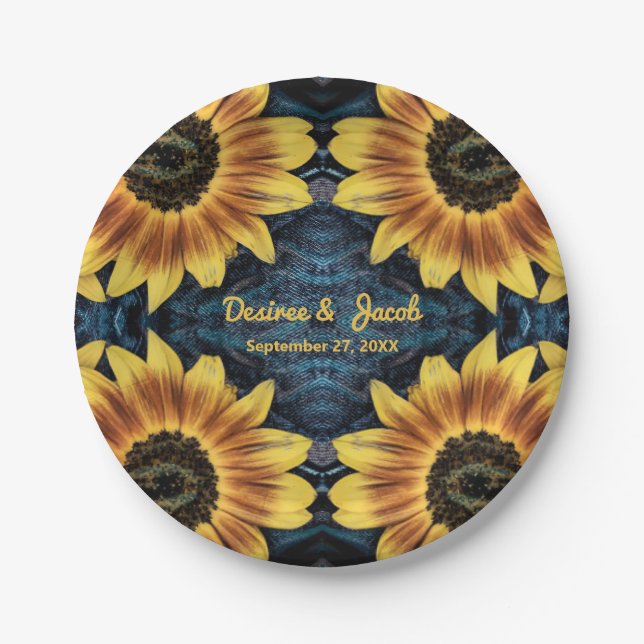 Rustic Yellow Sunflower Denim Blue Jeans Wedding  Paper Plates (Front)