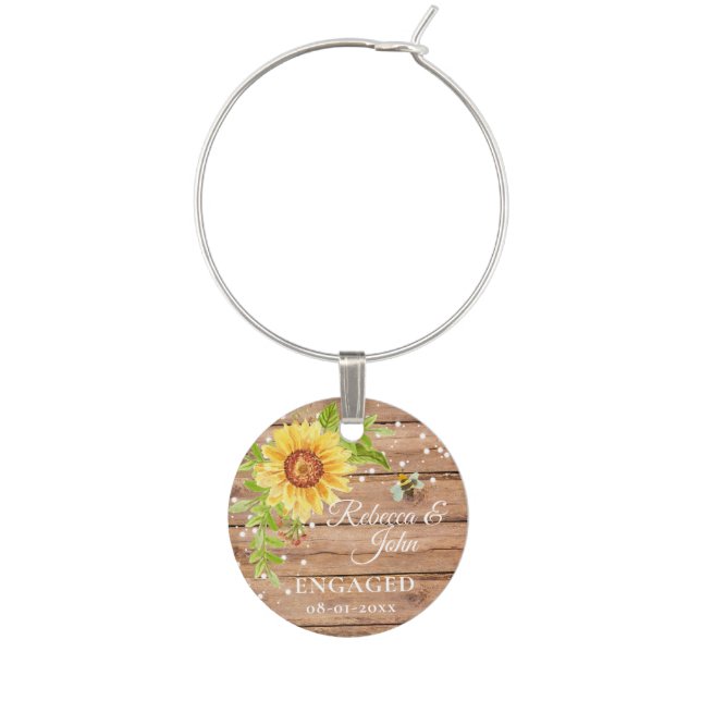 Rustic Yellow Sunflower Engaged  Wine Charm (Front)