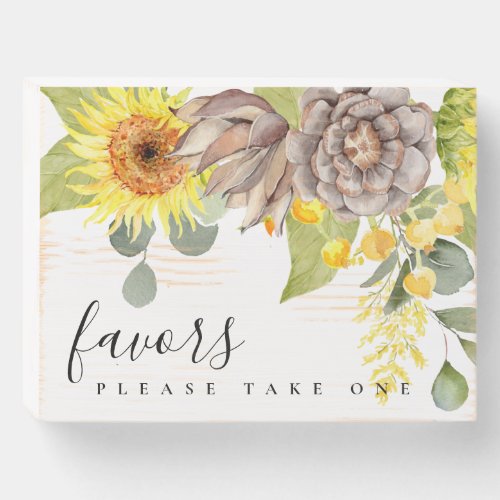 RUSTIC YELLOW SUNFLOWER EUCALYPTUS FLORAL FAVORS WOODEN BOX SIGN