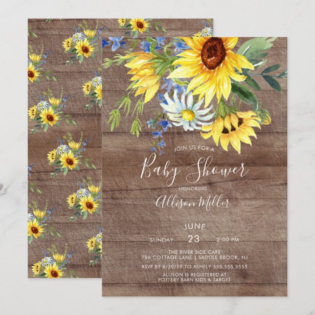 Rustic Yellow Sunflower Floral Baby Shower Invitation (Front/Back)