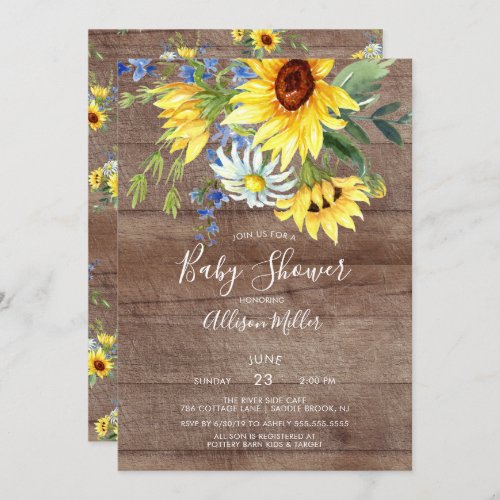 Rustic Yellow Sunflower Floral Baby Shower Invitation