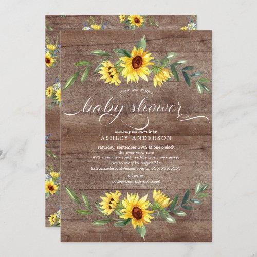 Rustic Yellow Sunflower Floral Baby Shower Invitation