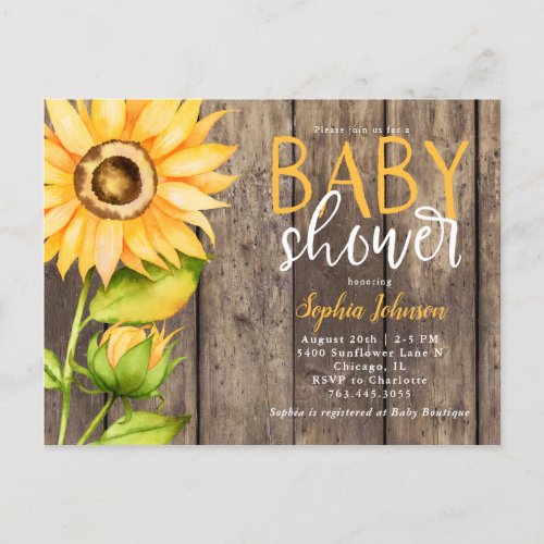 Rustic Yellow Sunflower Floral Baby Shower Invitation Postcard