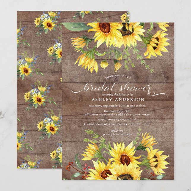 Rustic Yellow Sunflower Floral Bridal Shower Invitation (Front/Back)
