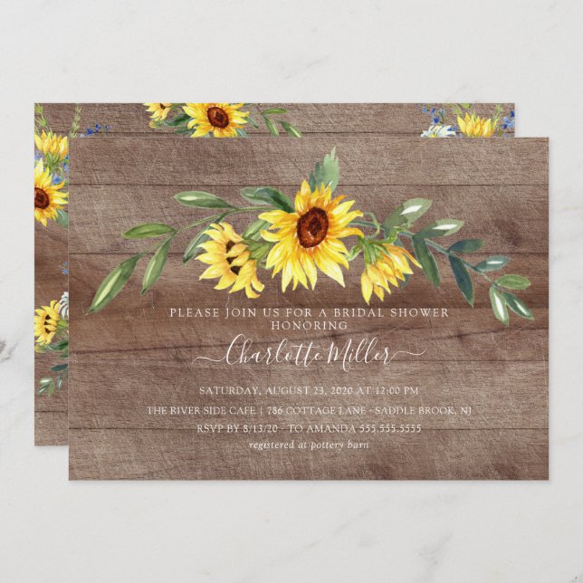 Rustic Yellow Sunflower Floral Bridal Shower Invitation (Front/Back)