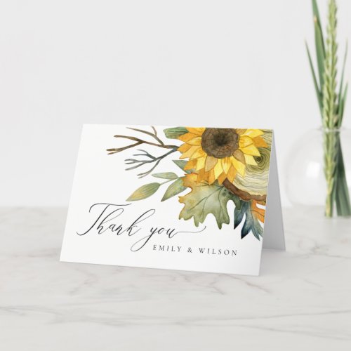 RUSTIC YELLOW SUNFLOWER FLORAL WATERCOLOR WEDDING THANK YOU CARD