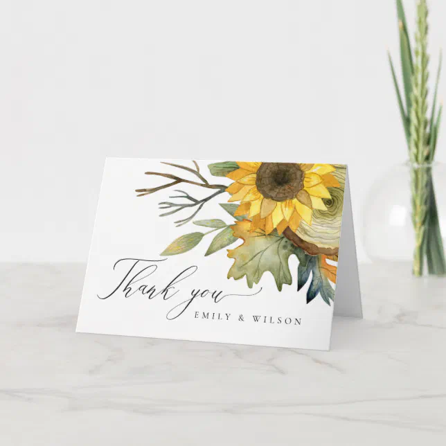 RUSTIC YELLOW SUNFLOWER FLORAL WATERCOLOR WEDDING THANK YOU CARD | Zazzle