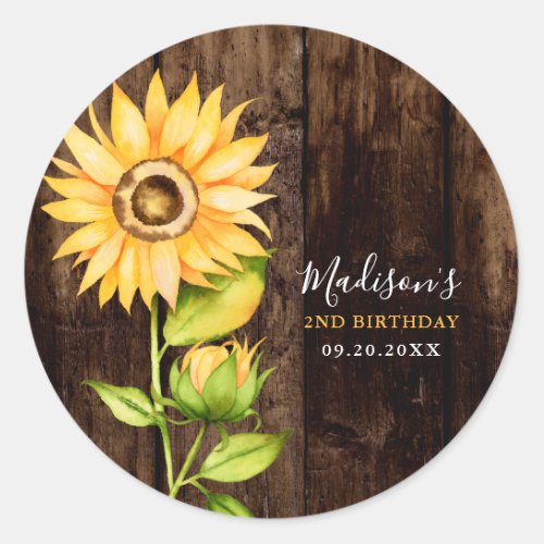 Rustic Yellow Sunflower Girls Birthday Party Classic Round Sticker