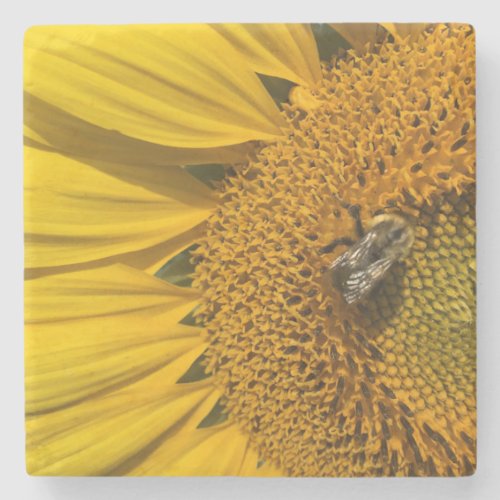 Rustic Yellow Sunflower Honeybee Stone Coaster